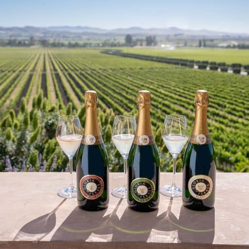 Gloria Ferrer bottles and glasses of bubbles set against a vineyard