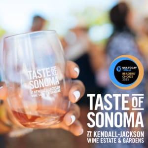 Close up of Taste of Sonoma logo glass with USA Today Readers' Choice logo