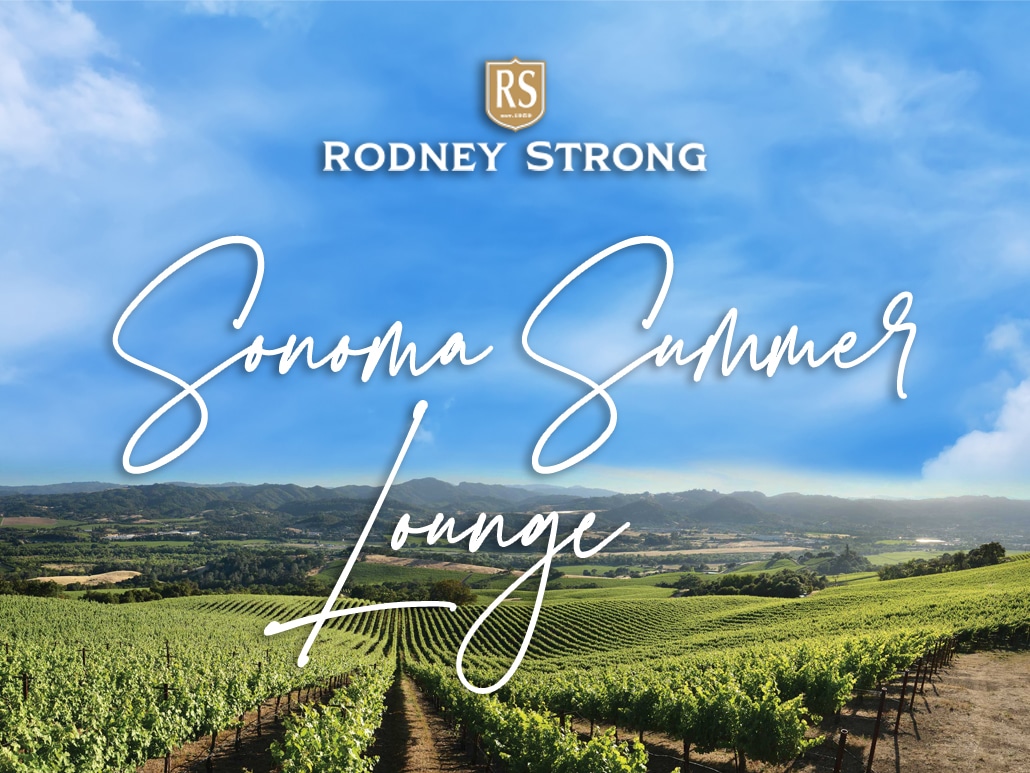 Rodney Strong Sonoma Summer Lounge over blue sky and vineyard